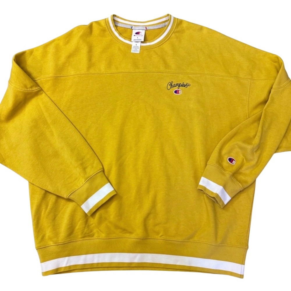 Champion Yellow Crewneck Sweatshirt Large Embroidered Logo Striped Hem Oversized